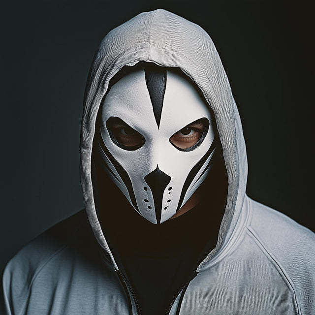 3D-printed tactical phantom mask worn by a figure in a hoodie, showcasing a menacing, stealthy design for cosplay.