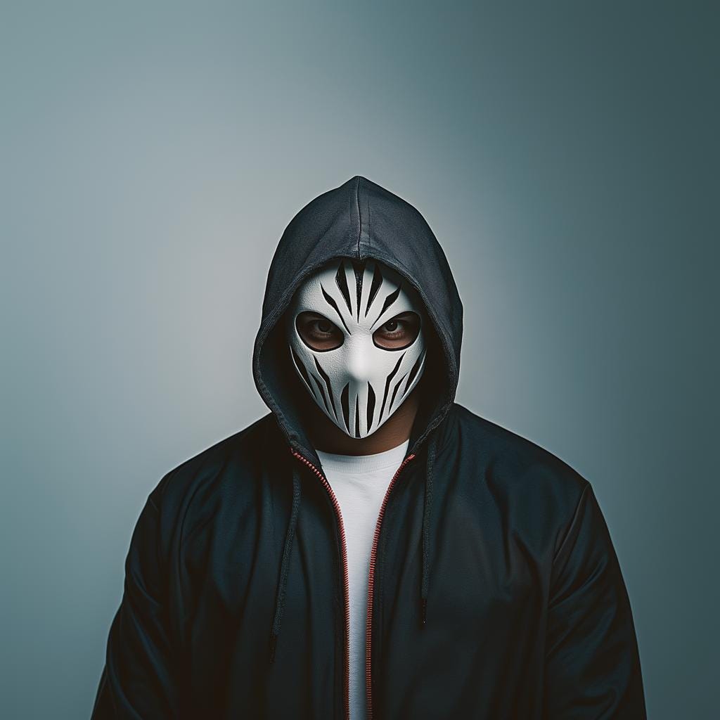 Person wearing a 3D-printed skull assassin mask and a black hoodie, showcasing a tactical style.