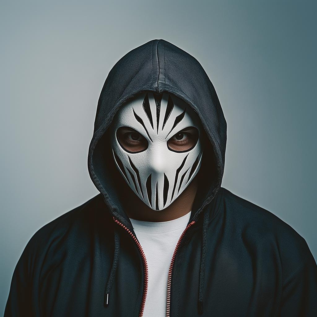 3D printed skull assassin mask worn by a person in a black hoodie, perfect for cosplay and Halloween.