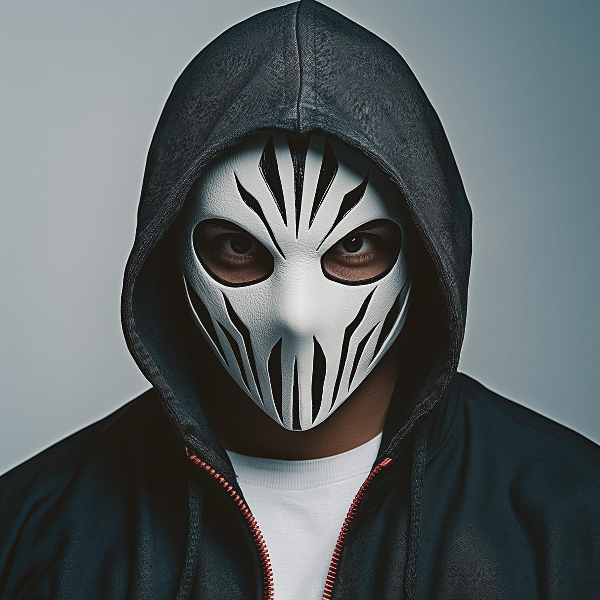 3D printed skull assassin mask with black and white stripes worn by a person in a hooded jacket, ideal for cosplay and Halloween.