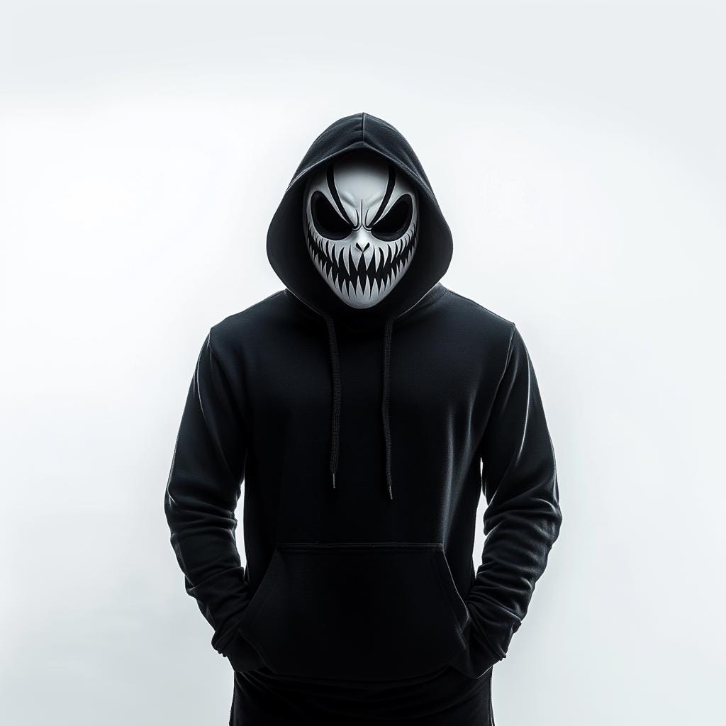 Person wearing a black hoodie and a grinning demon mask with sharp teeth, perfect for Halloween and cosplay.