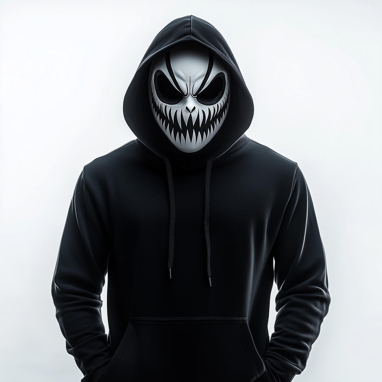 Person wearing a grinning demon mask and black hoodie, ideal for Halloween cosplay and horror-themed events.