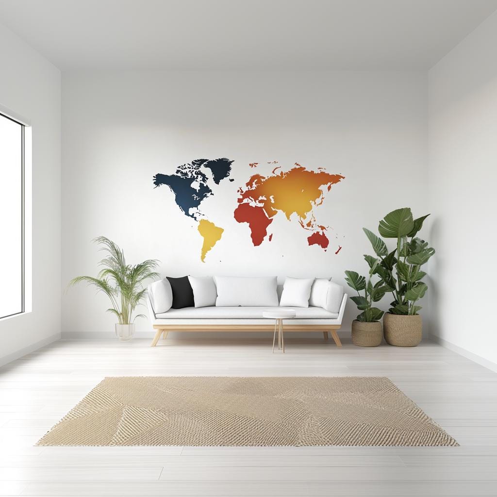 Gradient world map wall decal in a modern living room, featuring blue and orange tones on a white wall.