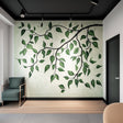 Large green leaf wall decal with realistic vines on a soft background, enhancing modern living room decor.