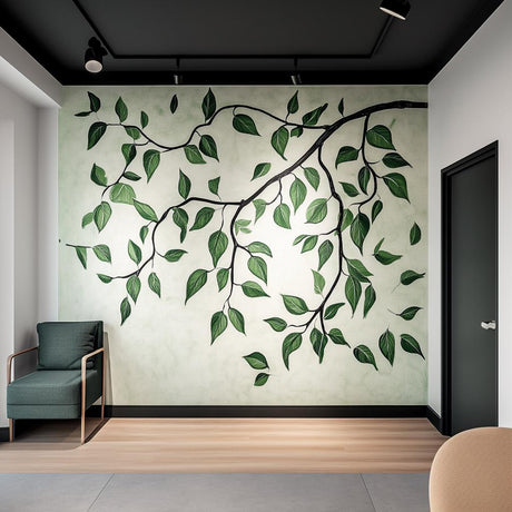 Large green leaf wall decal with realistic vines on a soft background, enhancing modern living room decor.