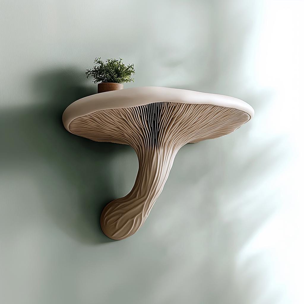 3D printed mushroom floating shelf mounted on wall with potted plant, nature-inspired home decor accent.