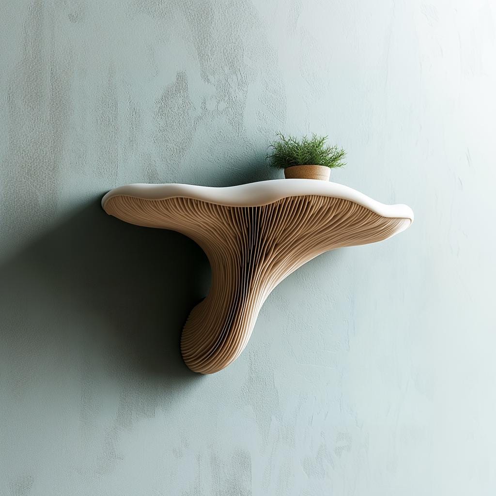 3D printed mushroom floating wall shelf with plant, nature-inspired modern wall decor