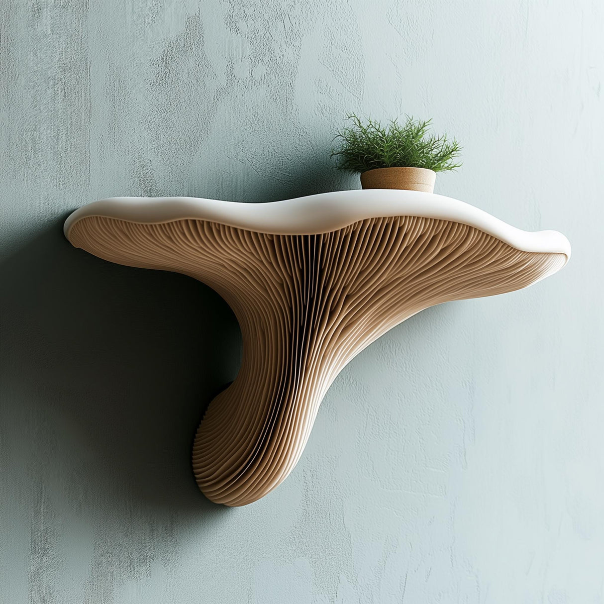 3D printed mushroom floating wall shelf with plant, showcasing organic design and modern aesthetics.