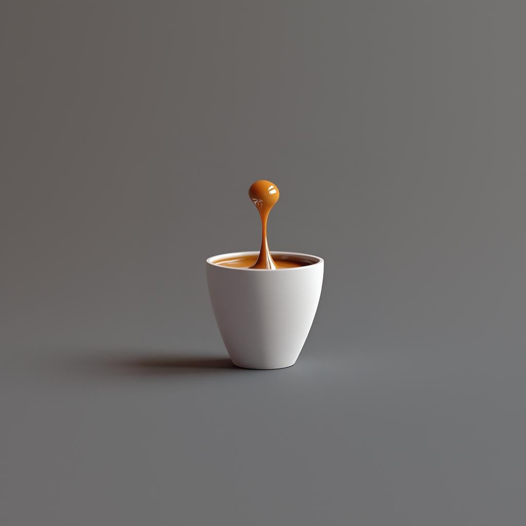 Floating coffee drop sculpture in a white cup, art piece representing espresso macchiato.