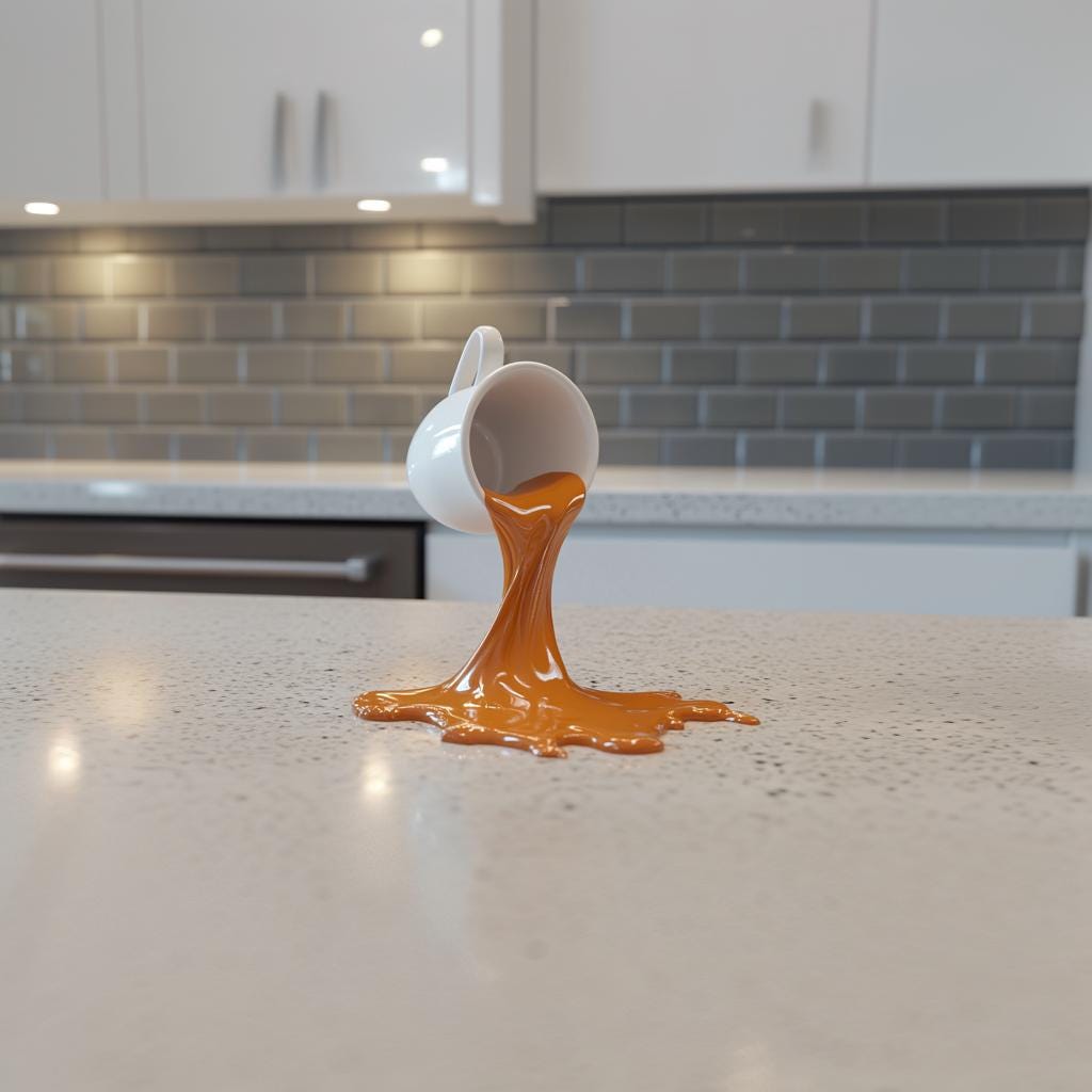 3D printed spilled espresso macchiato cup sculpture on a kitchen countertop.