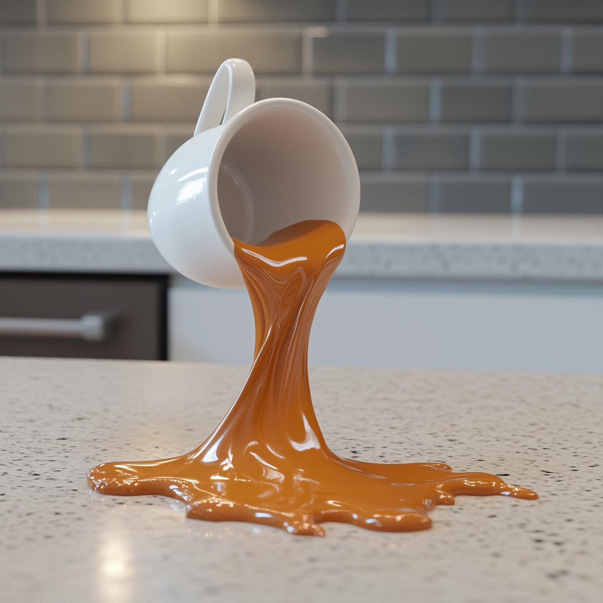 3D printed spilled espresso macchiato cup sculpture on a kitchen counter, perfect decor for coffee lovers.
