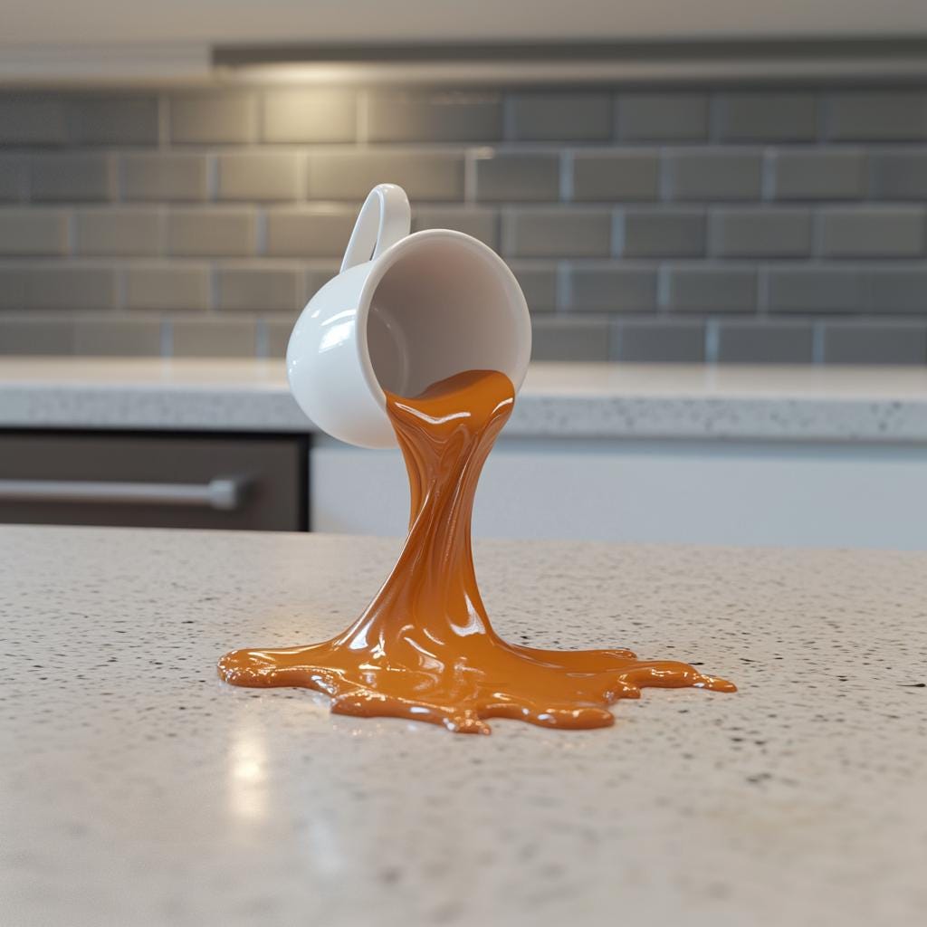 3D-printed spilled espresso macchiato cup sculpture on kitchen countertop, perfect decor for coffee lovers.
