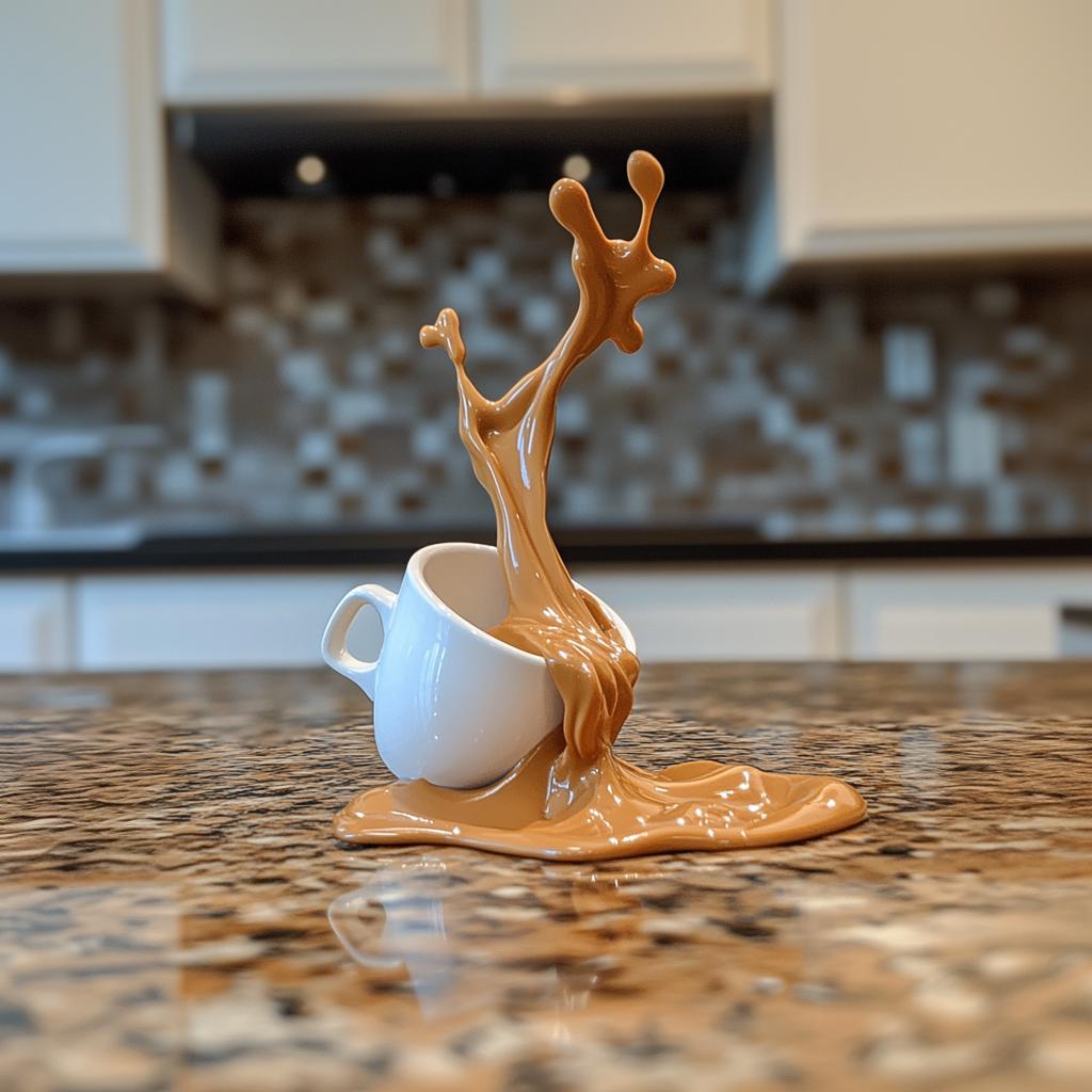 3D-printed spilled coffee cup sculpture with espresso splash on kitchen counter, perfect gift for coffee lovers.