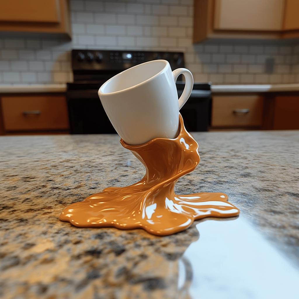 3D printed coffee cup holder with spilled coffee effect, unique kitchen decor and espresso mug display.