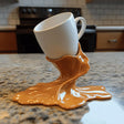 3D printed coffee cup holder with spilled coffee effect on countertop, unique kitchen decor for coffee lovers.