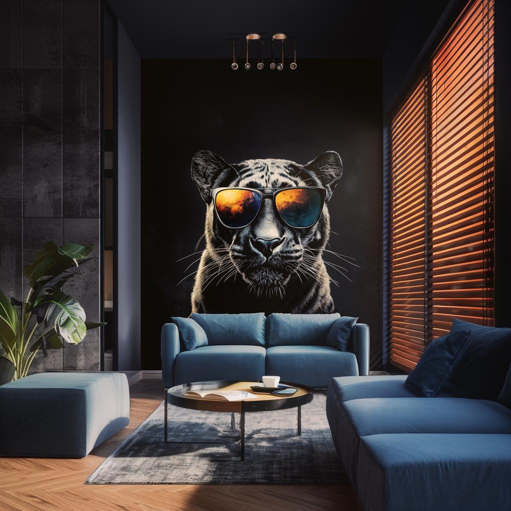 Black panther wall decal with sunglasses in modern living room decor featuring stylish furniture and natural light.