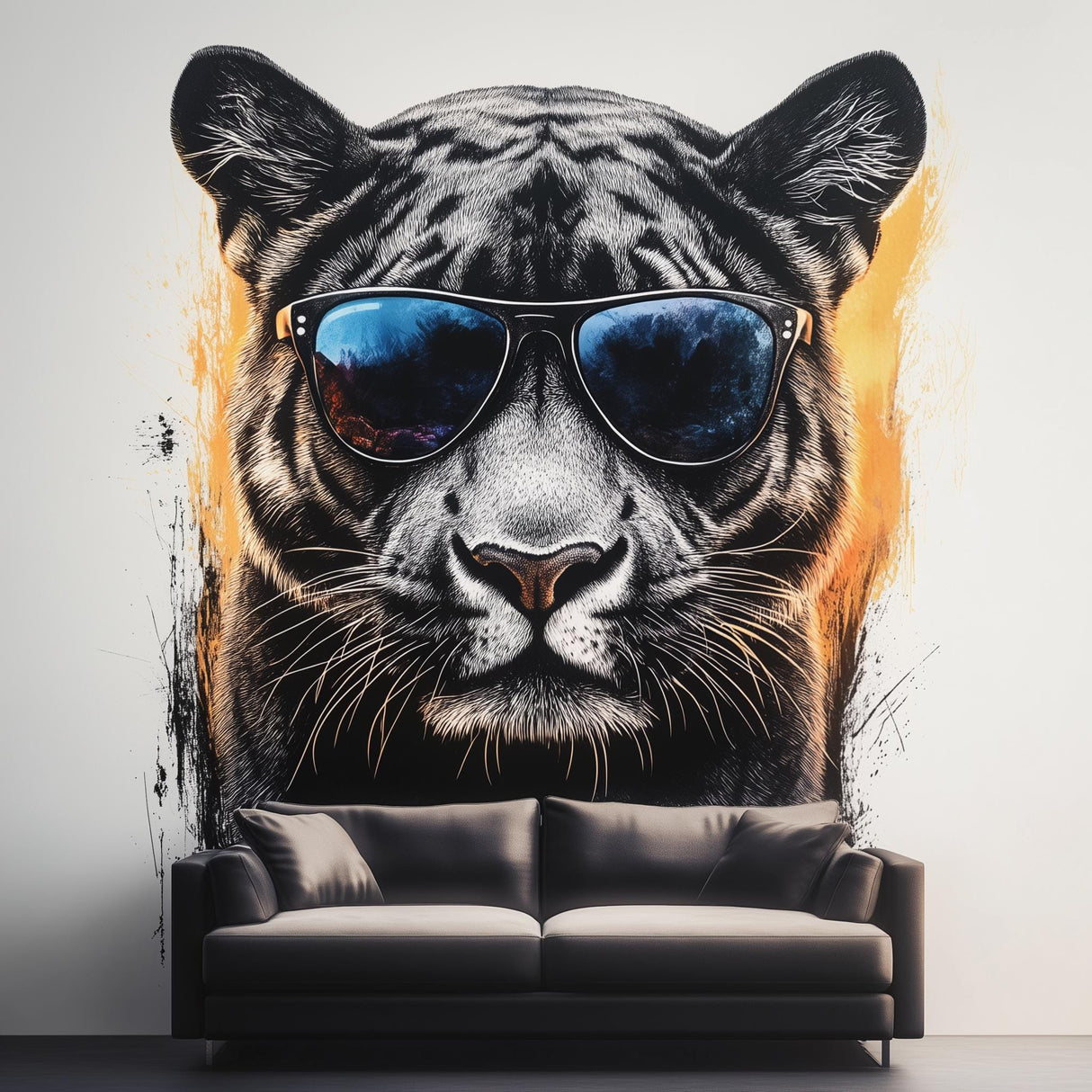 Bold black panther wall mural with sunglasses, urban graffiti art, modern decor for living room.