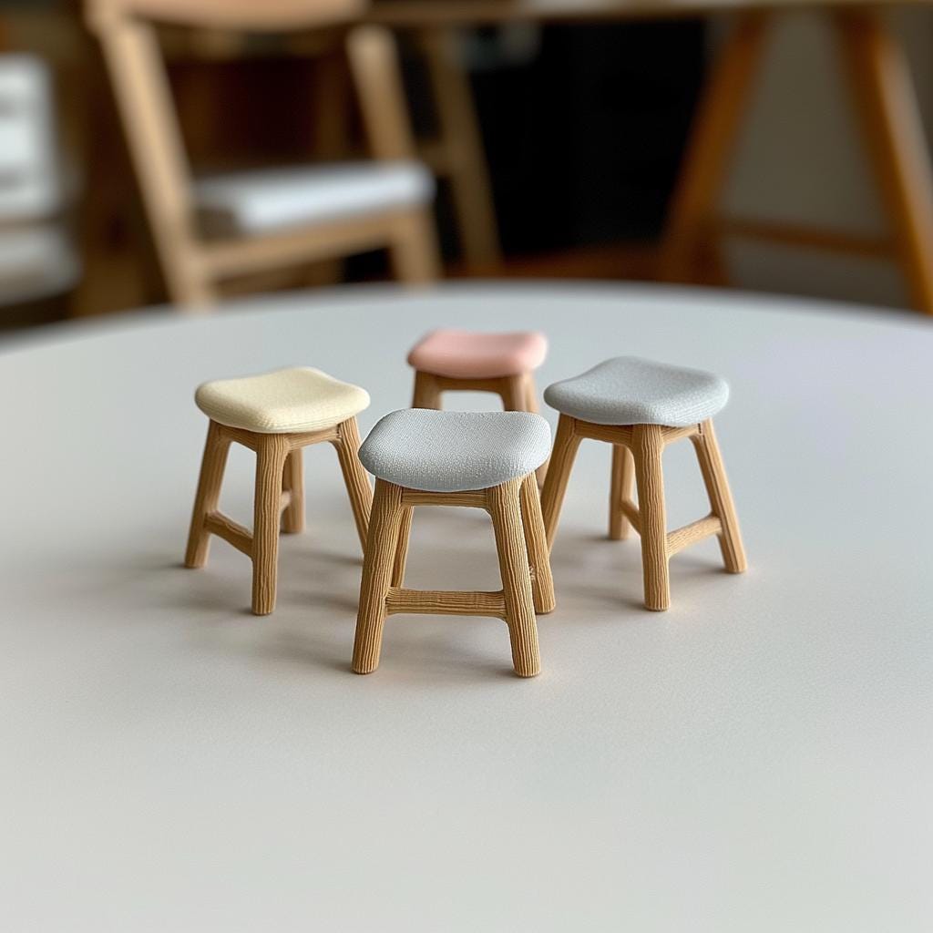 Colorful 3D printed miniature stools for dollhouses, featuring wood-like bases and cushioned seats.