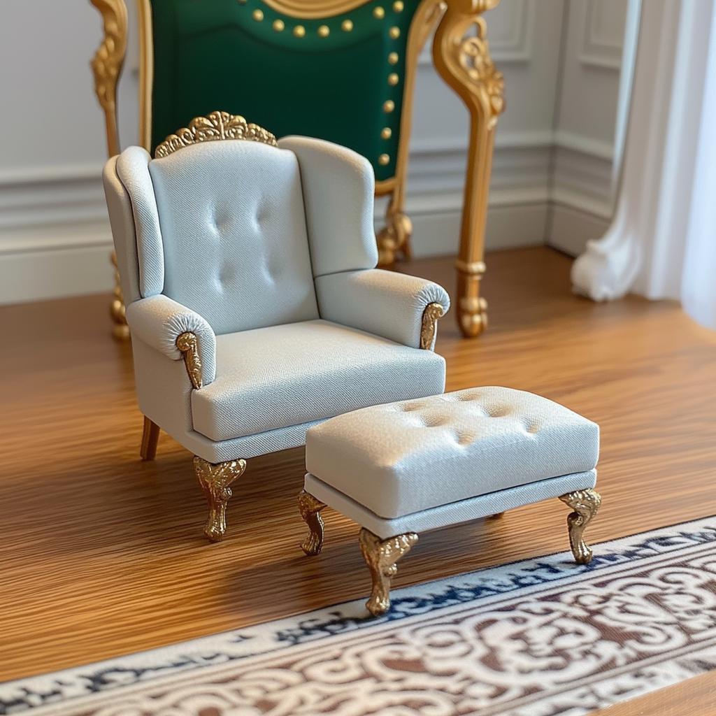 1:12 scale miniature Victorian armchair and ottoman set with tufted cushion and ornate golden legs.