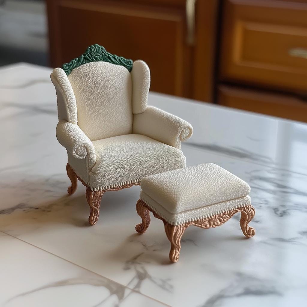 1:12 scale Victorian armchair and ottoman set with intricate details and plush upholstery, perfect for dollhouses.