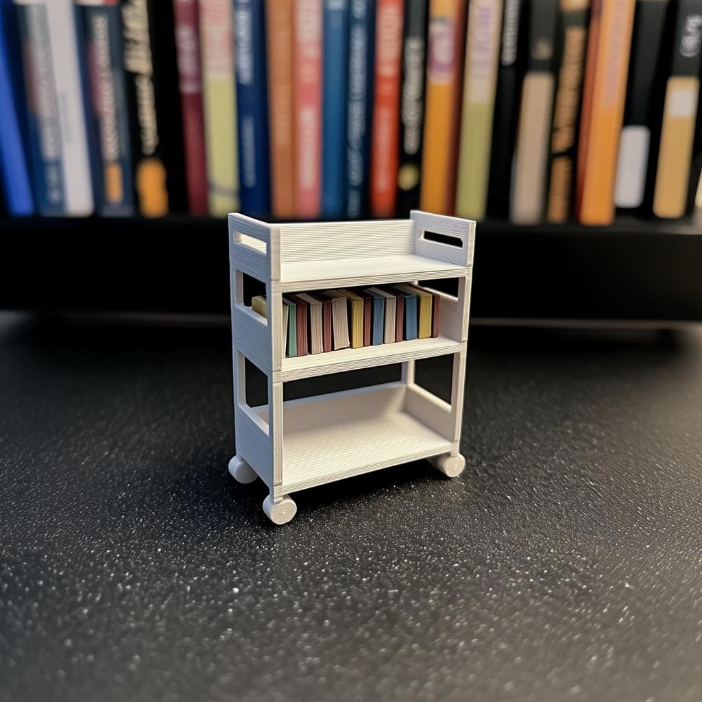 1:12 scale miniature library cart with books, designed for dollhouse storage and display, featuring a rolling design.