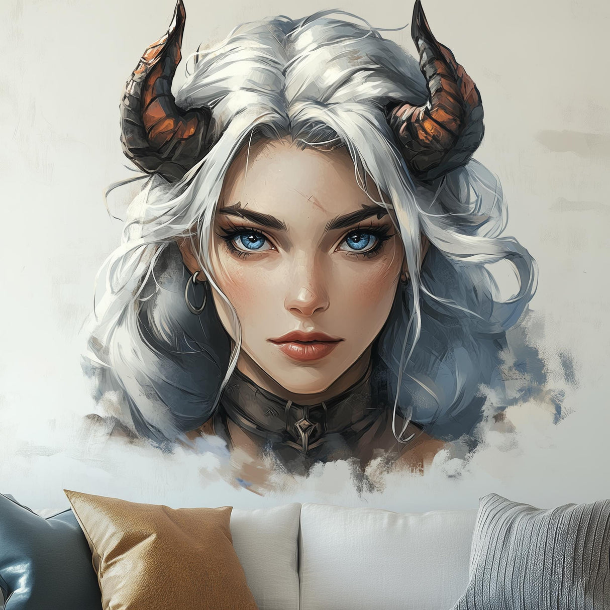 Mystical demon girl wall decal featuring a beautiful woman with white hair and curved horns.