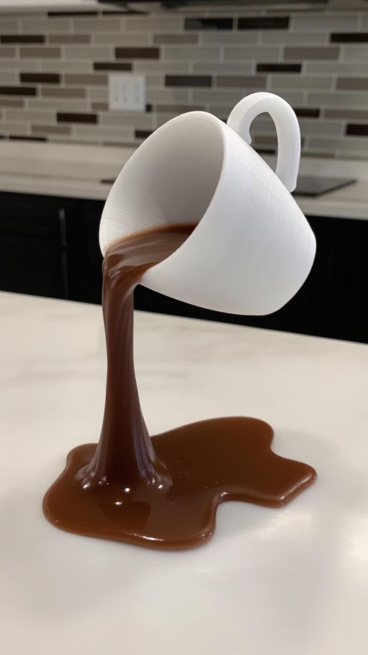 3D printed floating coffee cup sculpture pouring coffee, creating a mind-bending optical illusion for kitchen decor.