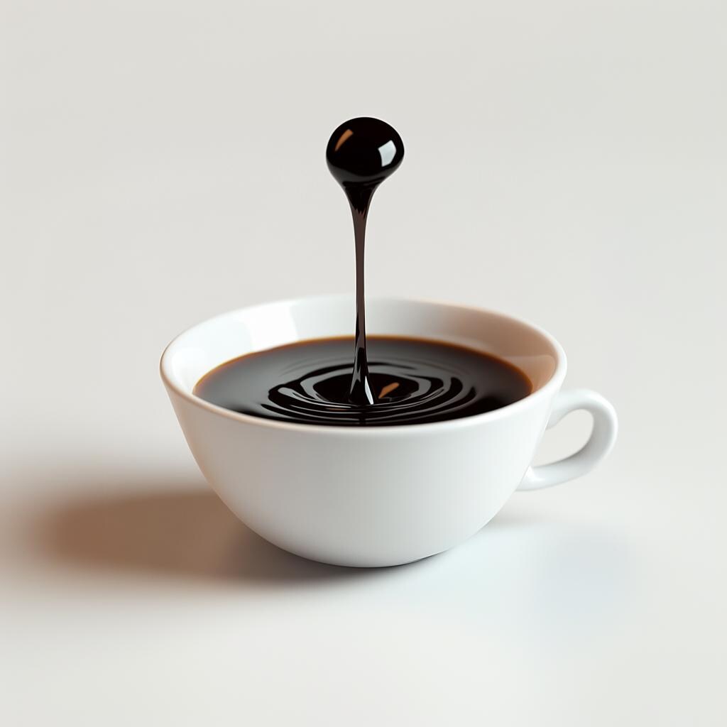 3D printed floating coffee drop sculpture above a white cup of coffee, showcasing an optical illusion.