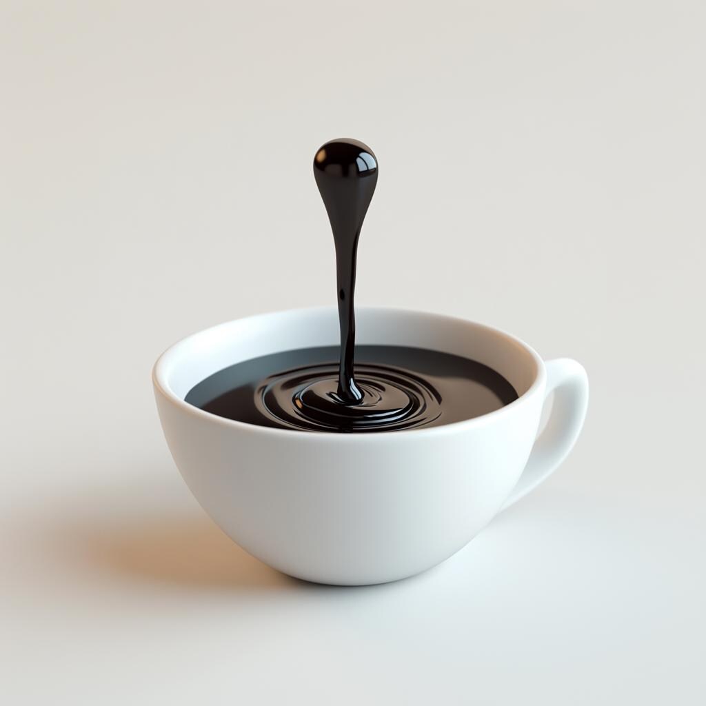 Minimalist 3D printed sculpture of a coffee drop suspended above a white coffee cup, ideal for modern decor.