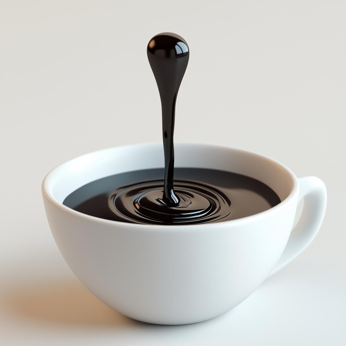 Minimalist 3D printed coffee drop sculpture creating an optical illusion in a white coffee cup.