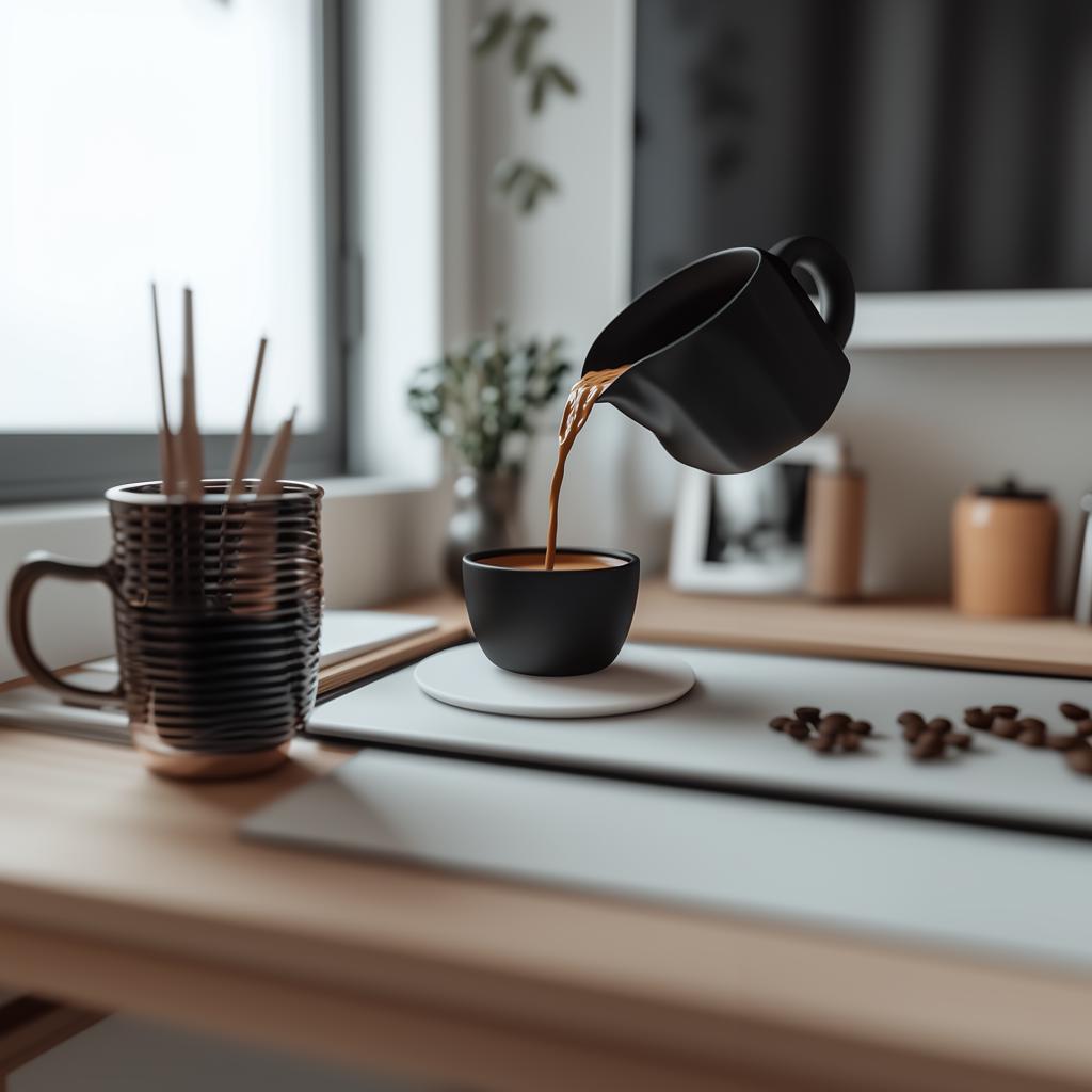 3D printed floating coffee pour sculpture above a black cup, creating an illusion of suspended coffee art.