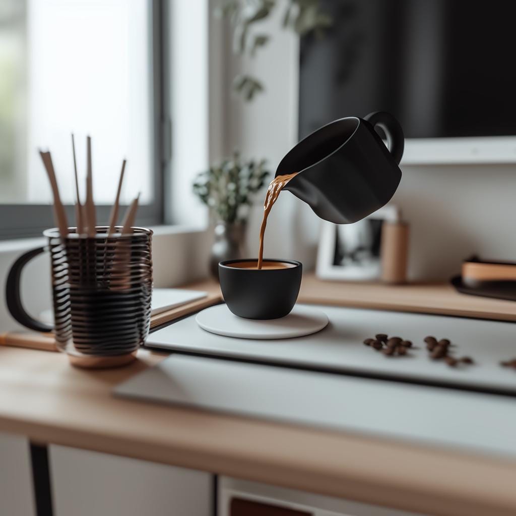 3D printed coffee pour sculpture creating an illusion of coffee suspended above a cup in a modern kitchen decor.