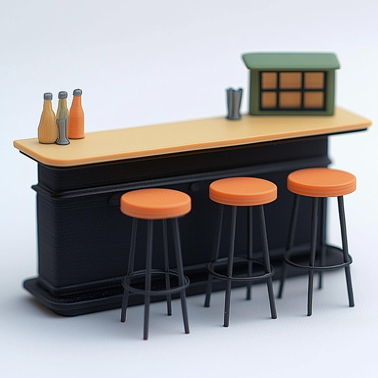 Miniature bar counter set with orange stools and bottles, perfect for dollhouse or diorama decor.
