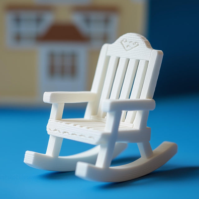 3D printed miniature rocking chair in white, perfect for 1:12 scale dollhouse furniture.