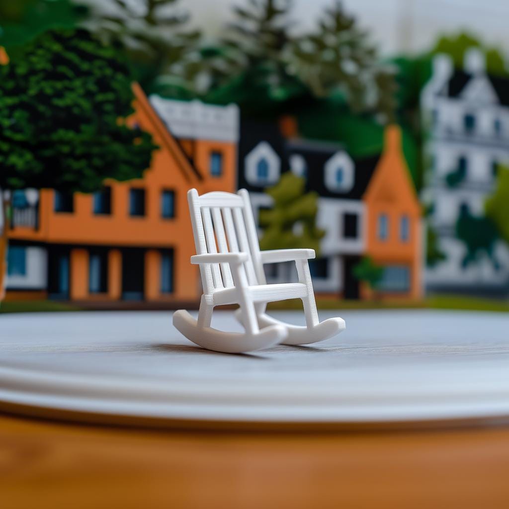 Miniature rocking chair in white, designed for 1:12 scale dollhouse decor, featuring a classic slatted style.