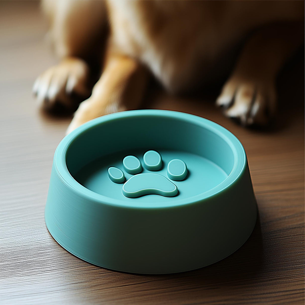 3D printed dog bowl with raised paw print design, perfect for food and water feeding and made from pet-safe plastic.