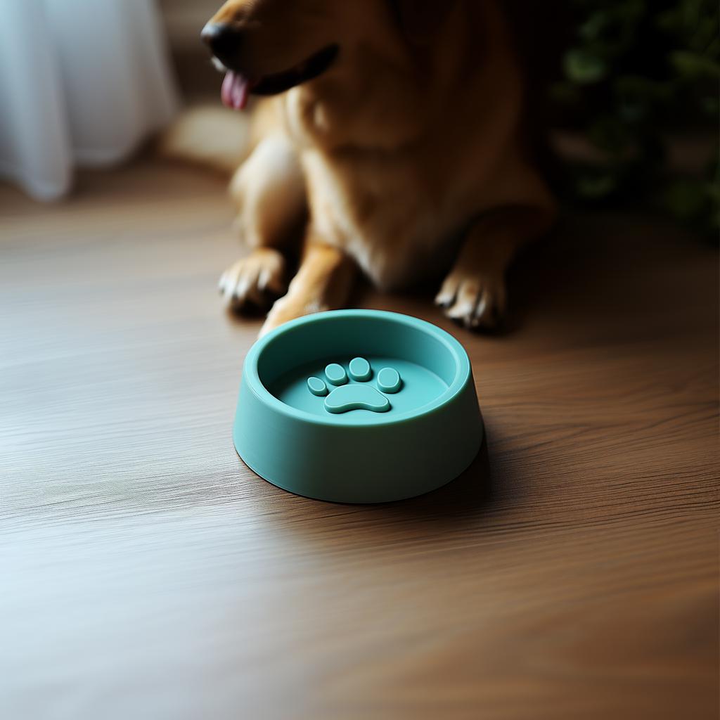 Modern 3D printed dog bowl with raised paw print design, perfect for food and water, in a stylish teal color.