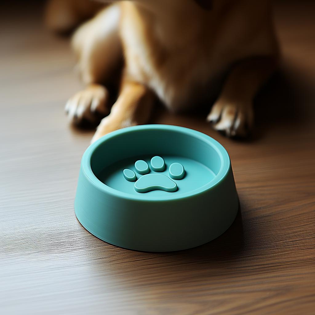 3D-printed dog bowl with raised paw print design, perfect for food and water, stylish pet dish on wooden floor.