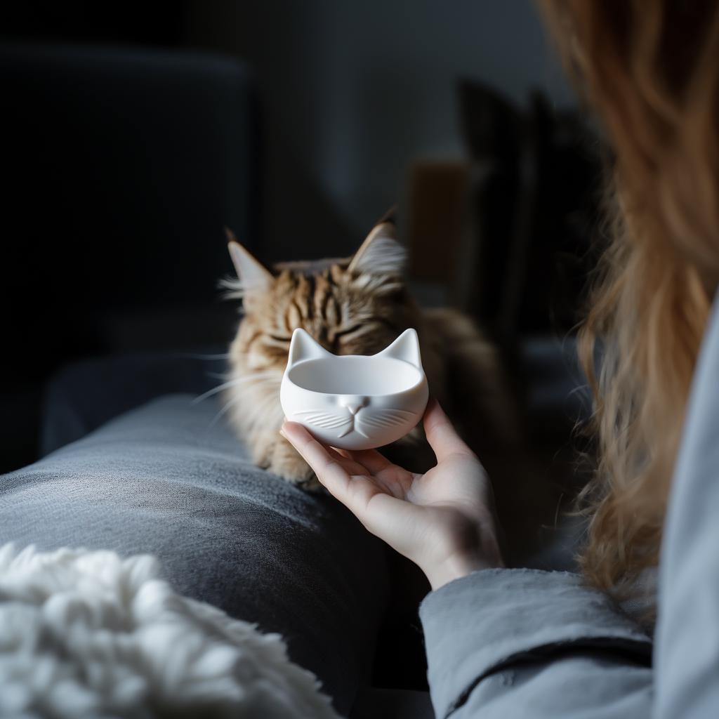 3D printed cat bowl held by a person, featuring a minimalist cat face design, with a cat in the background.