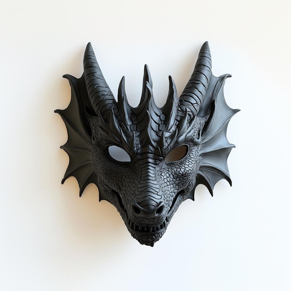 3D printed black dragon mask with intricate scales and fierce horns for cosplay and fantasy events.