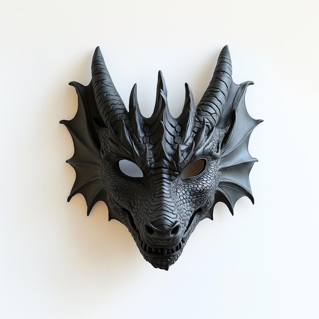 3D-printed dragon mask with intricate scales and fierce horns, ideal for fantasy cosplay and LARP events.