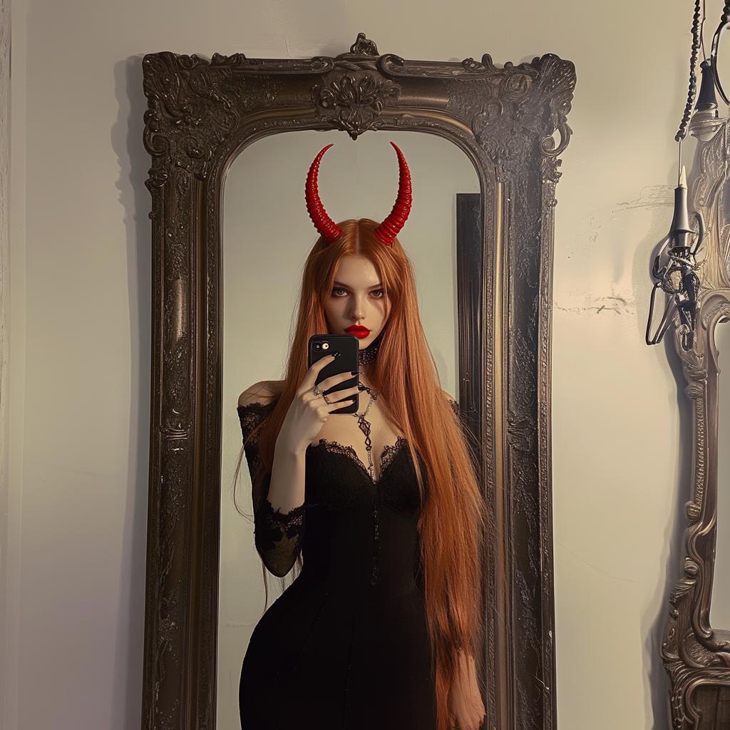 Model wearing red 3D printed demon horns in gothic fashion outfit, standing in front of an ornate mirror.