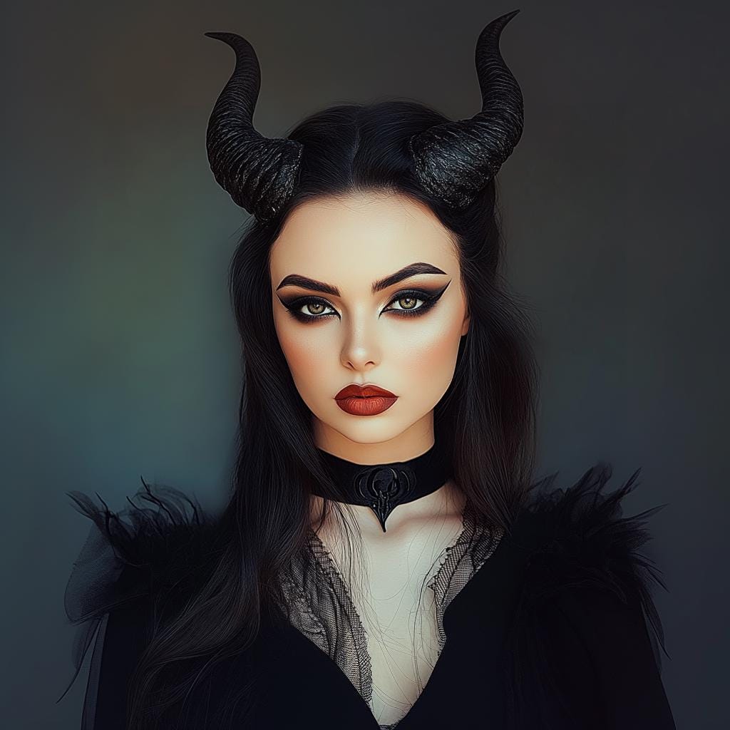 Gothic demon horns 3D printed headpiece worn by model with dark makeup and a black outfit.