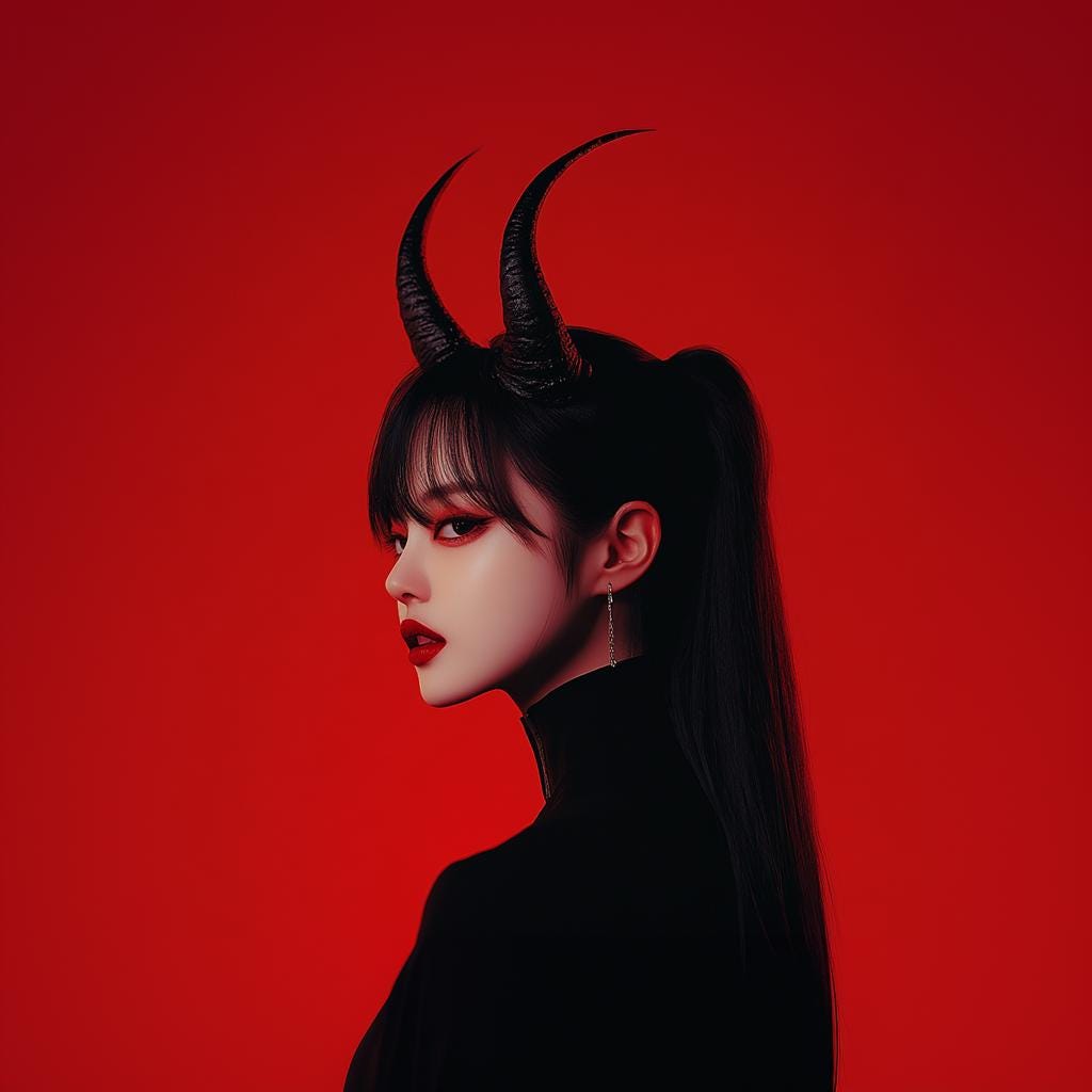 Model wearing 3D printed demon horns on a red background, showcasing gothic cosplay style and dark fashion.