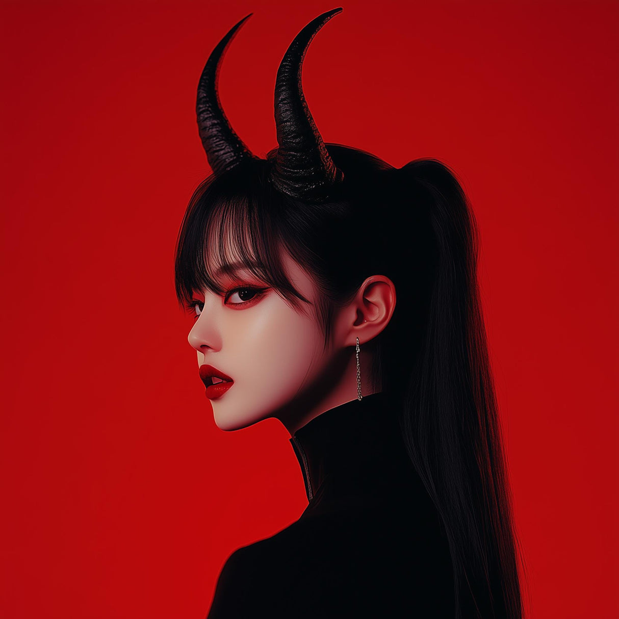 3D printed demon horns headpiece worn by a model against a red background, perfect for gothic cosplay or Halloween.