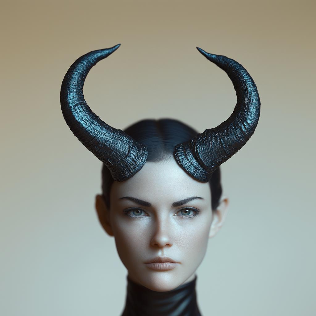 3D printed gothic curved horns headpiece worn by a model with a serious expression, perfect for cosplay or Halloween costumes.