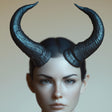 Realistic 3D printed curved horns headpiece for fantasy and gothic cosplay, perfect for Halloween and costume events.