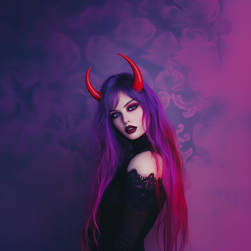 Model with purple hair wearing red demon horns, styled for gothic fashion and Halloween costume.
