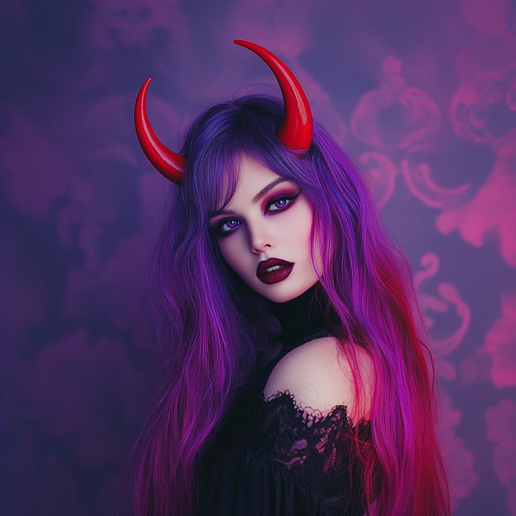 Woman with purple hair and red demon horns, showcasing gothic costume accessories for Halloween and cosplay.
