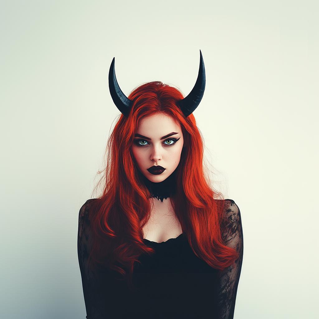 Woman with red hair wearing black demon horns and dark makeup, styled for gothic fantasy or Halloween costume.